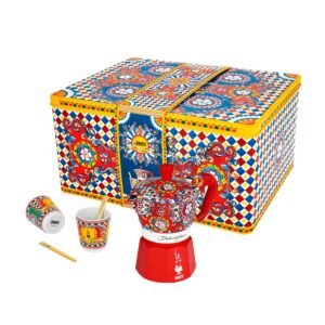 Set Moka Express Carretto Siciliano 2 tz, 2 bicchierini in porcellana e 2 palettine dorate